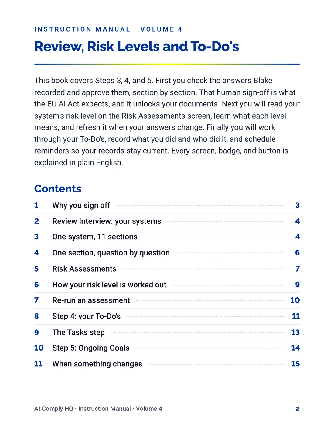 Instruction Manual, Review, Risk Levels and To-Do's, page 2