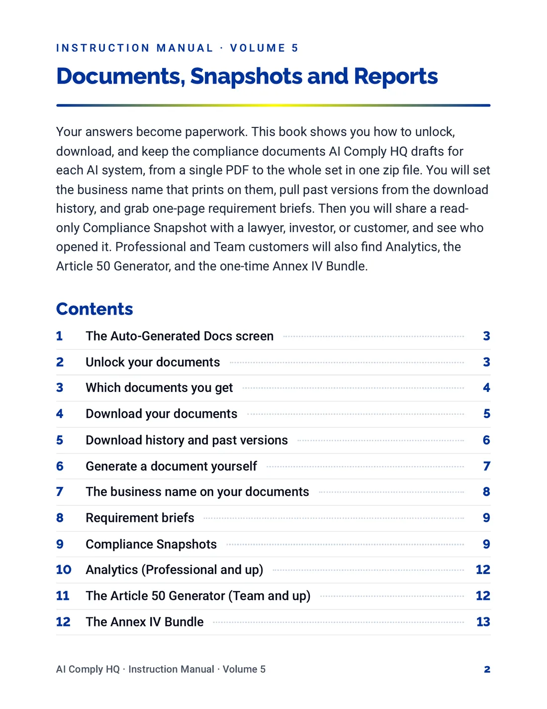 Instruction Manual, Documents, Snapshots and Reports, page 2