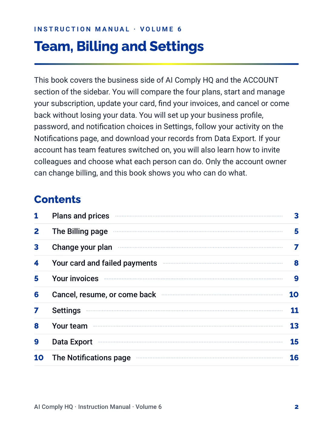 Instruction Manual, Team, Billing and Settings, page 2