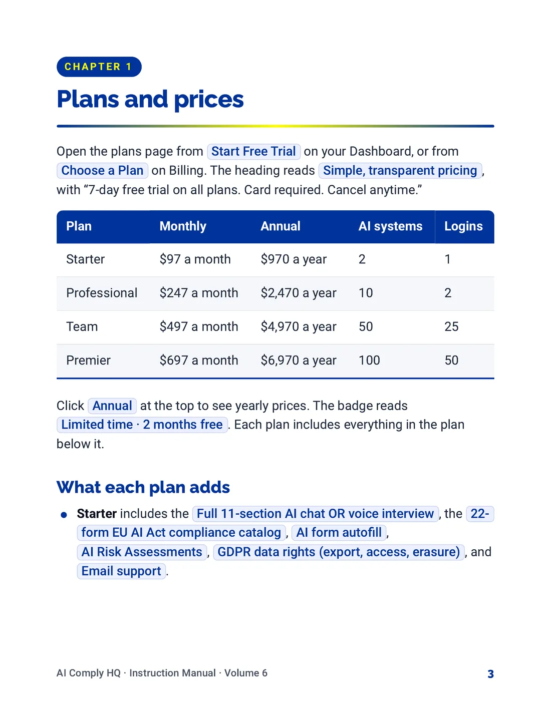 Instruction Manual, Team, Billing and Settings, page 3