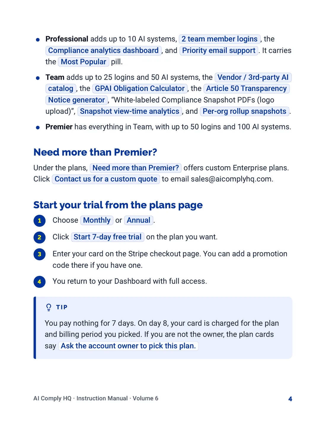 Instruction Manual, Team, Billing and Settings, page 4