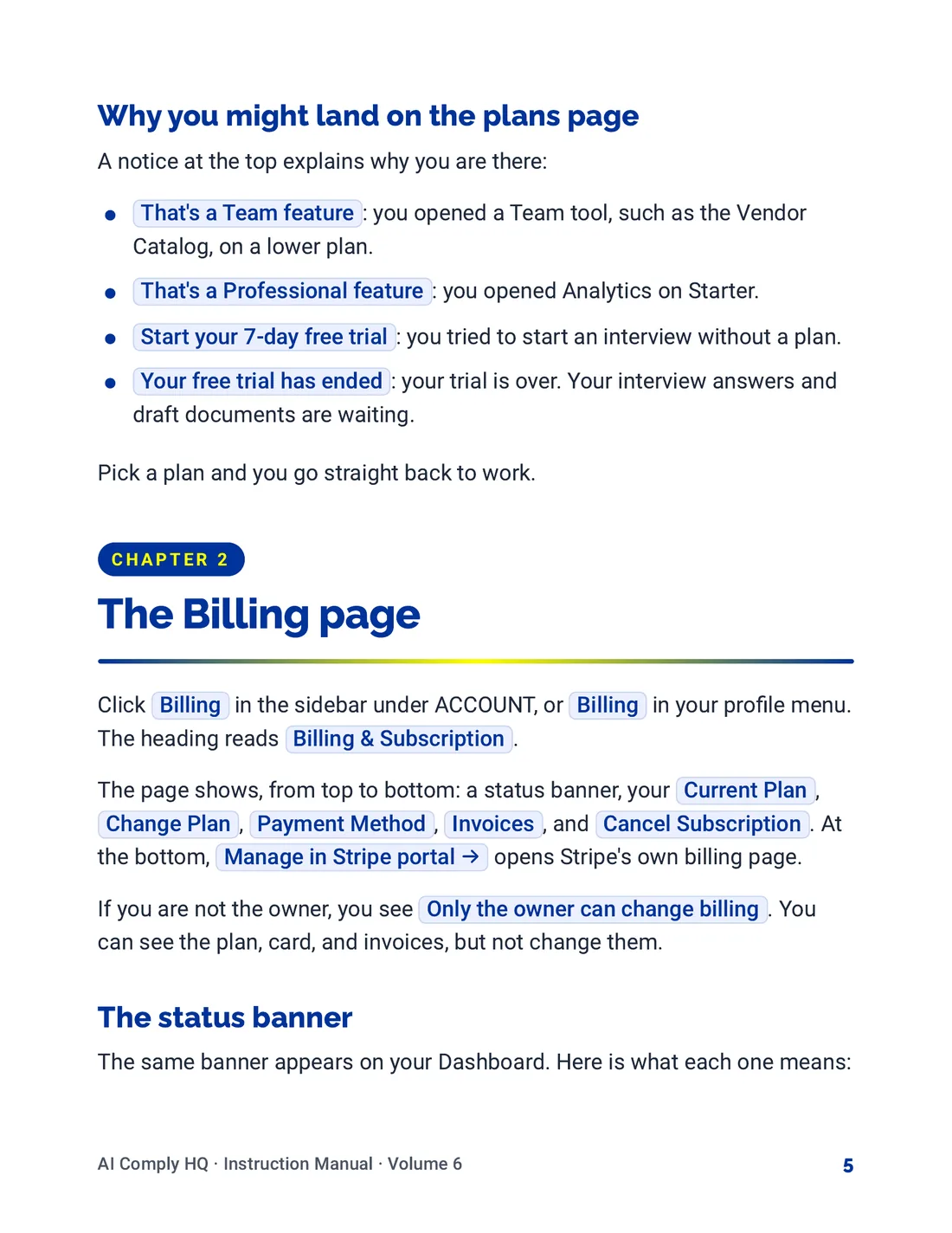 Instruction Manual, Team, Billing and Settings, page 5