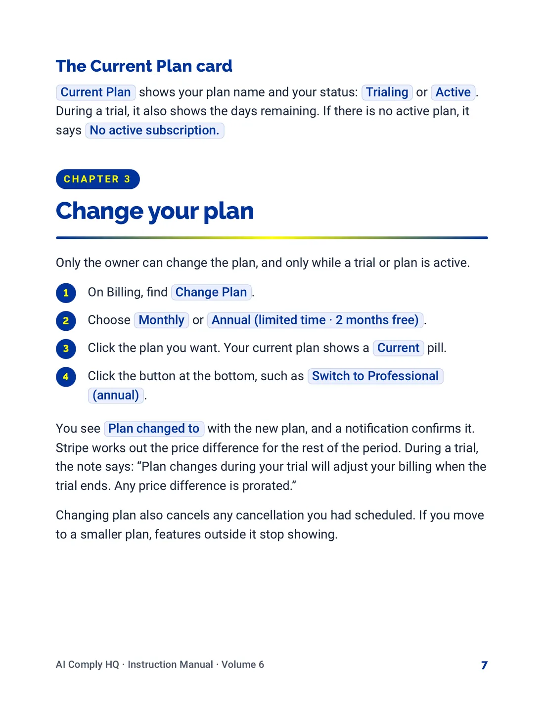 Instruction Manual, Team, Billing and Settings, page 7
