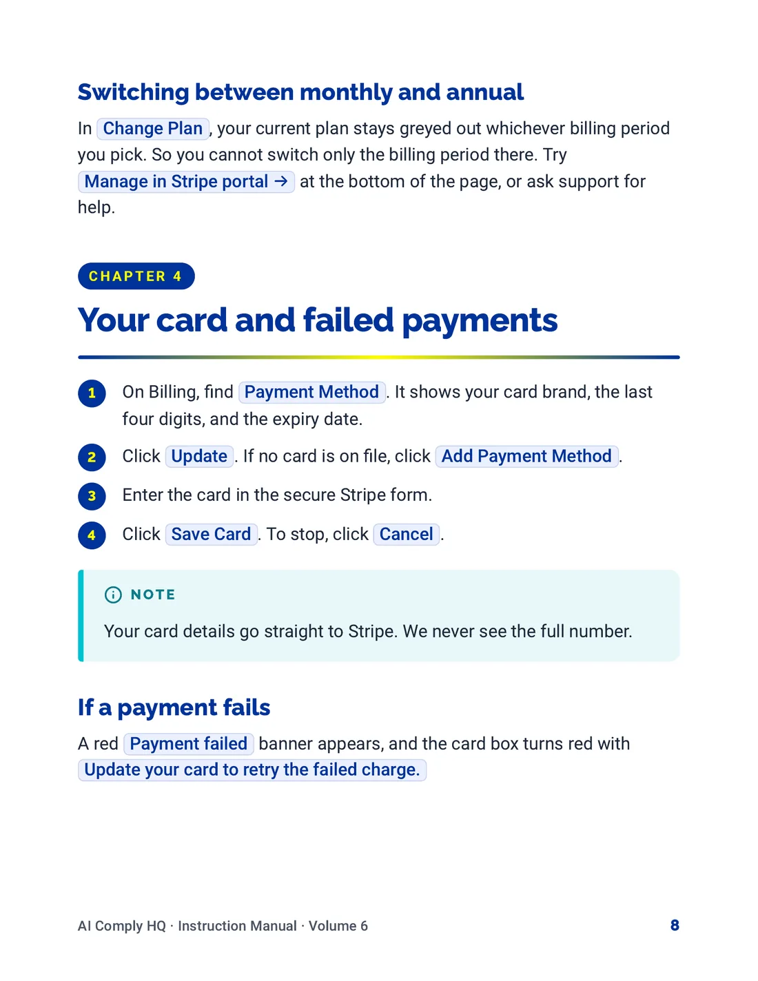 Instruction Manual, Team, Billing and Settings, page 8