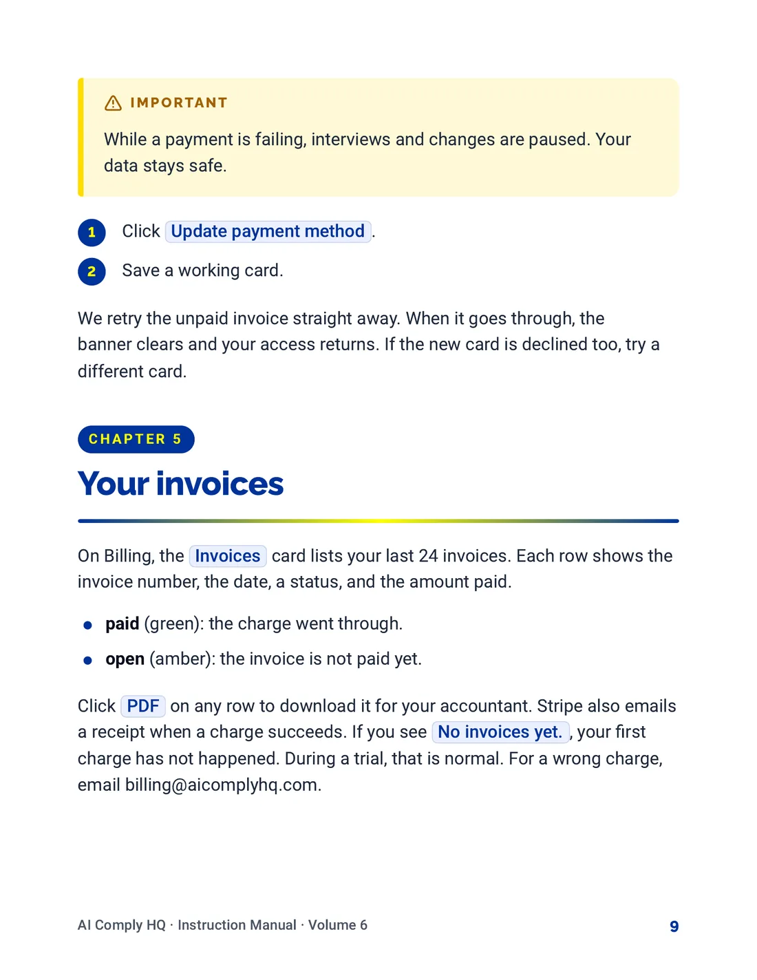 Instruction Manual, Team, Billing and Settings, page 9