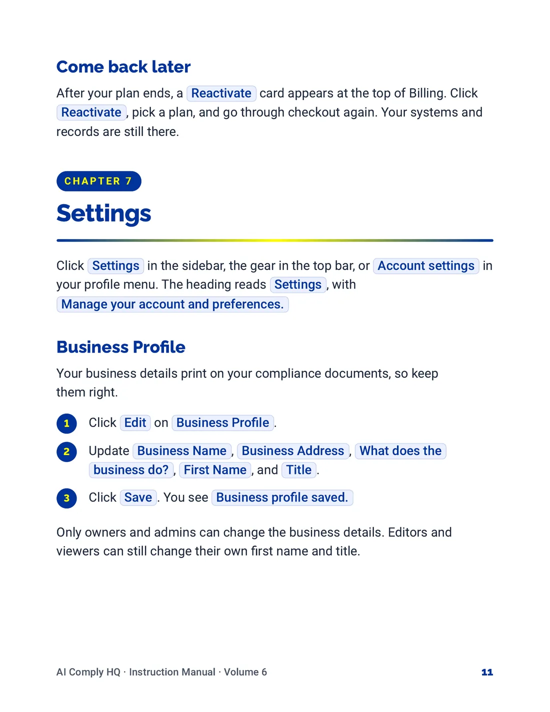 Instruction Manual, Team, Billing and Settings, page 11