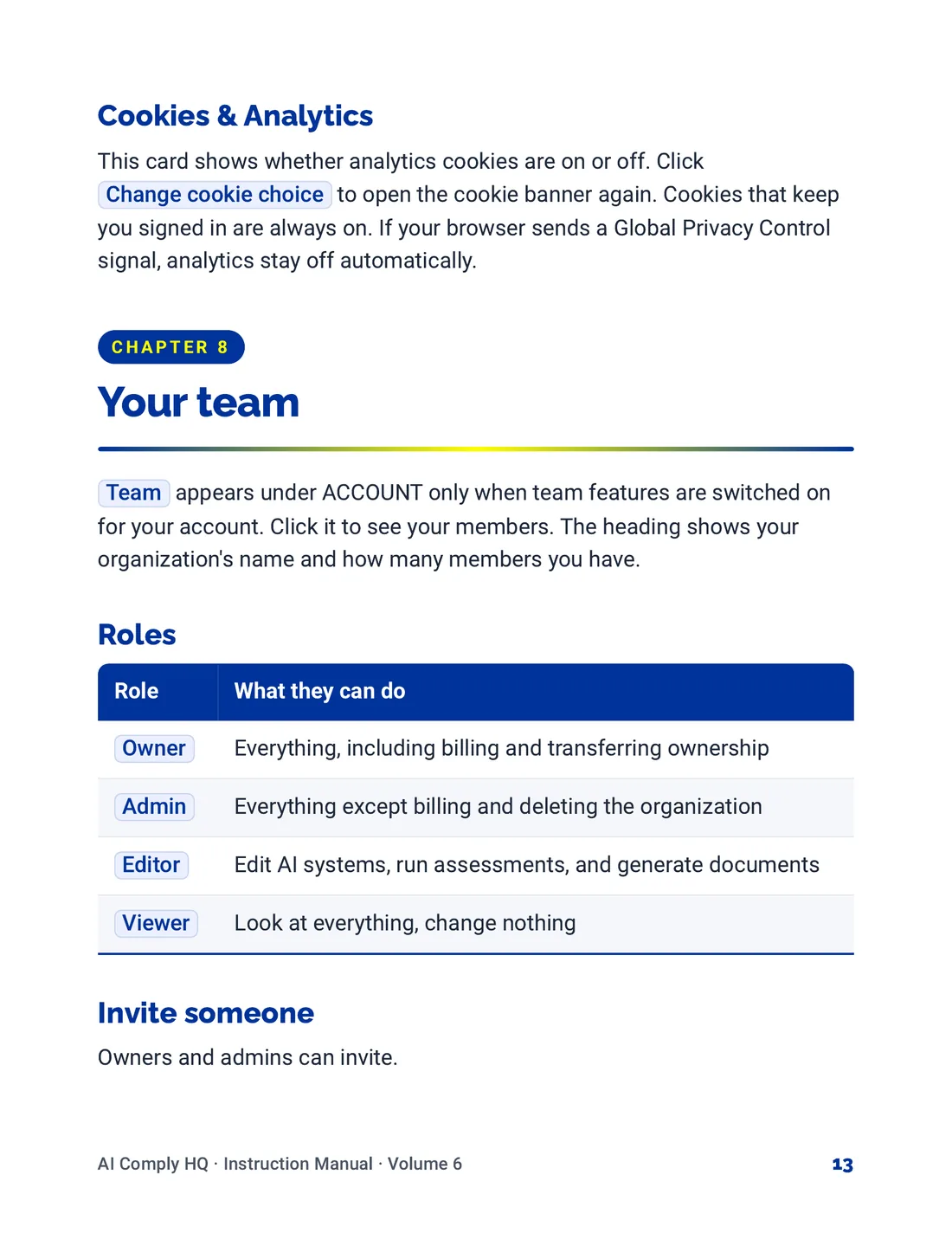 Instruction Manual, Team, Billing and Settings, page 13