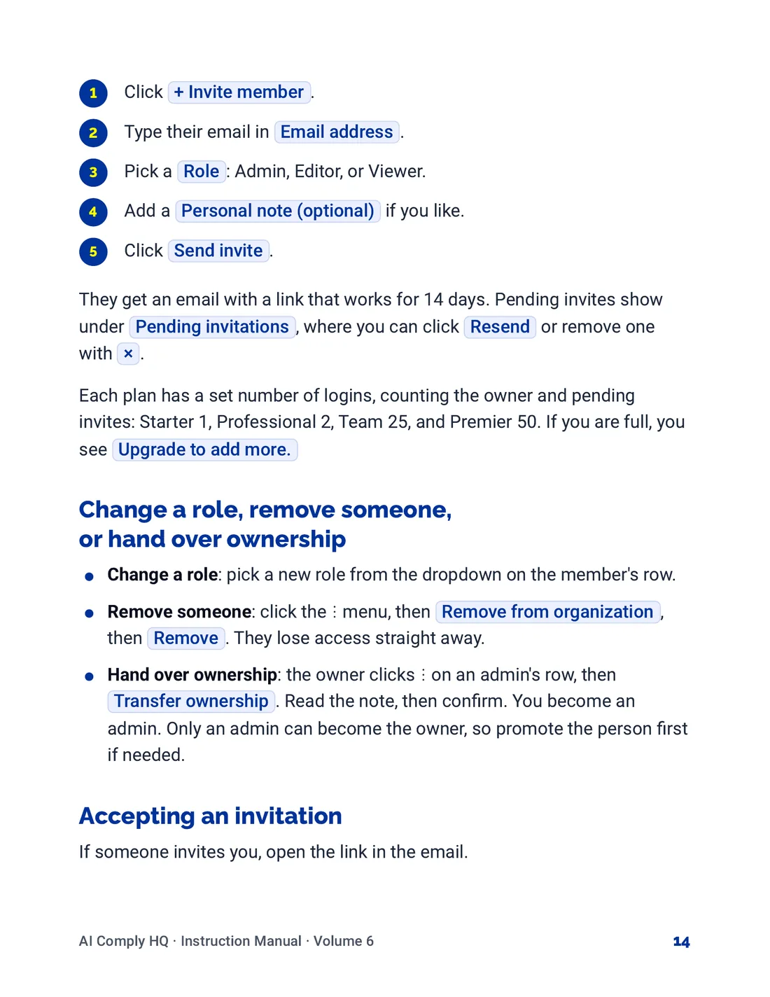 Instruction Manual, Team, Billing and Settings, page 14