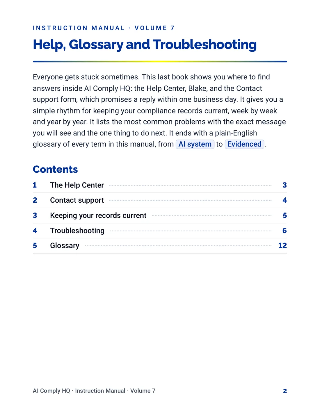 Instruction Manual, Help, Glossary and Troubleshooting, page 2