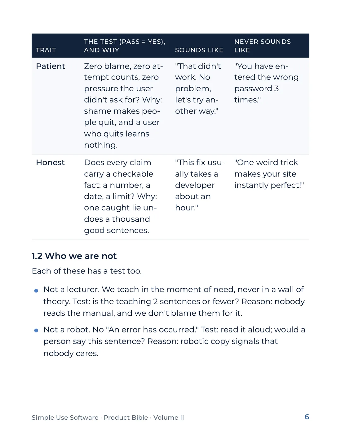 Product Bible, Voice & Audience, page 6