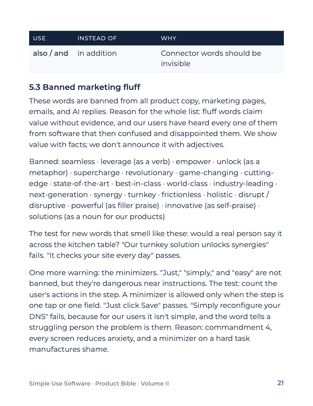 Product Bible, Voice & Audience, page 21
