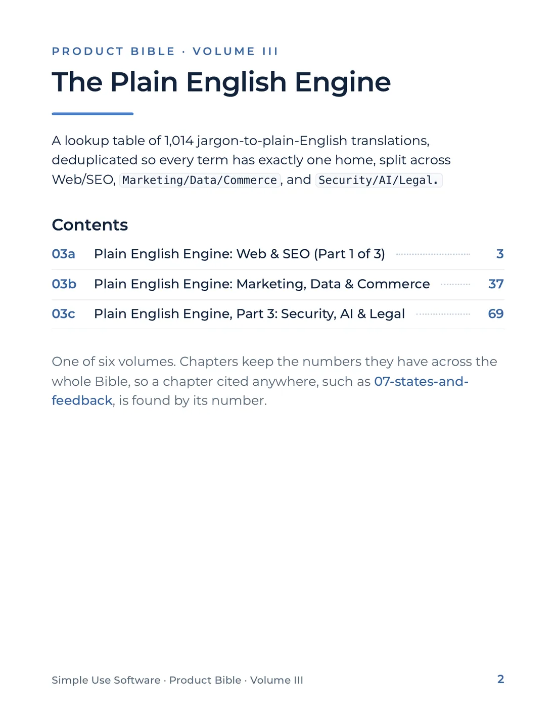Product Bible, The Plain English Engine, page 2