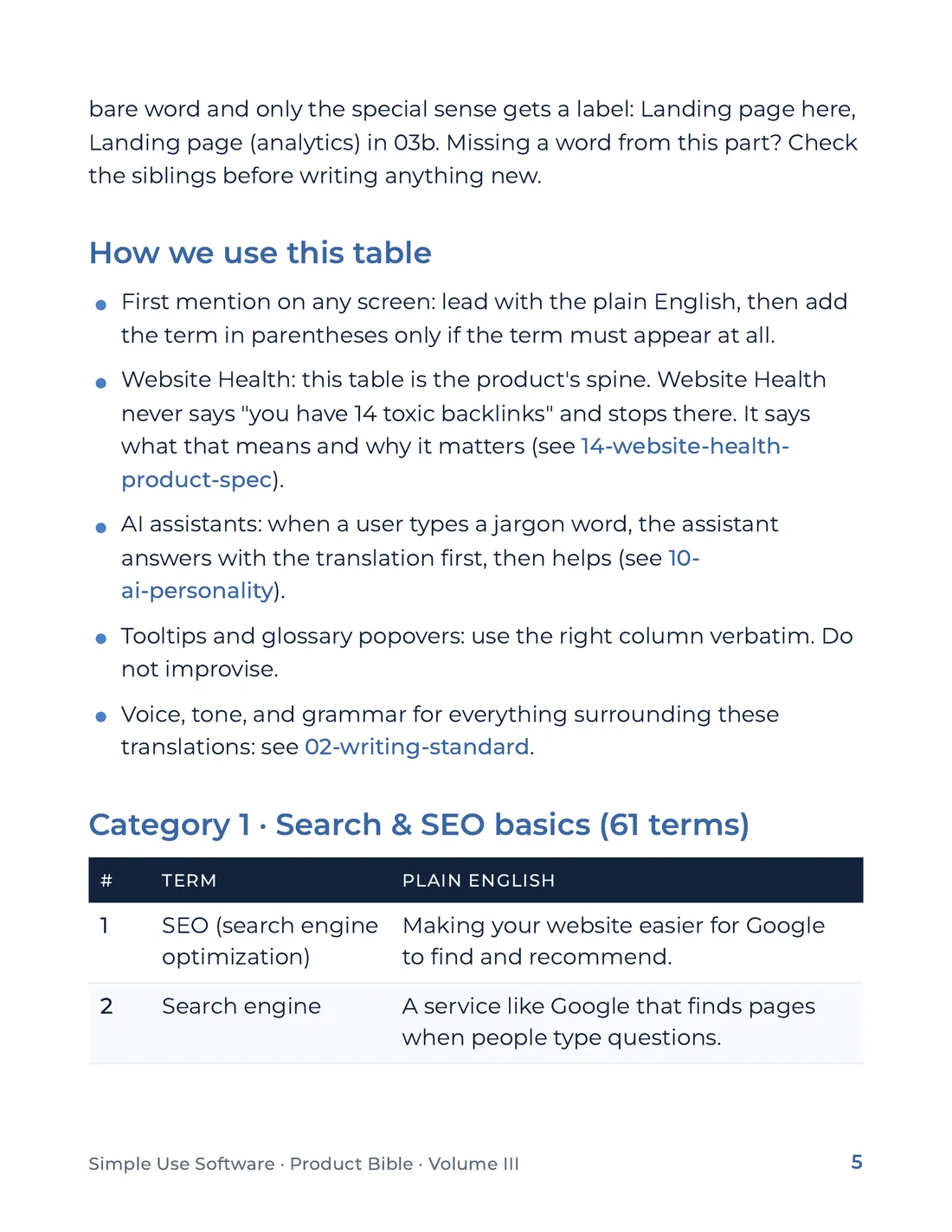Product Bible, The Plain English Engine, page 5