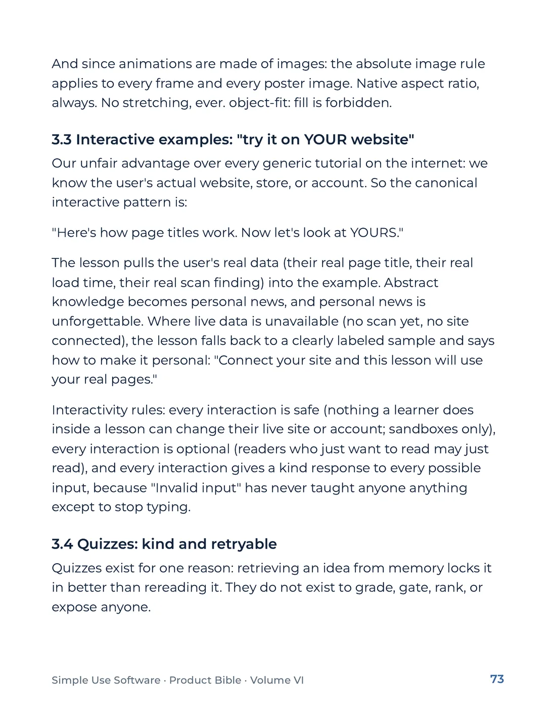 Product Bible, Products in Practice, page 73