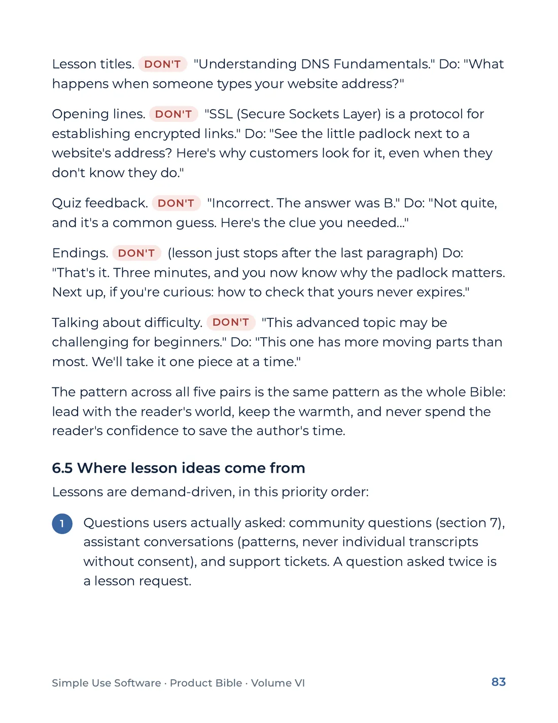 Product Bible, Products in Practice, page 83