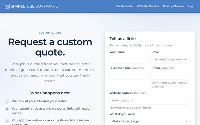 Simple Use Software: Request a quote page